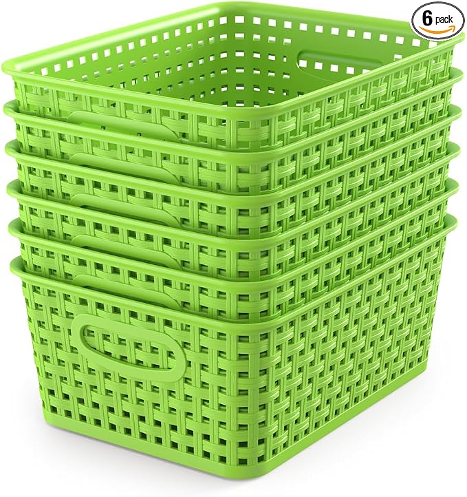 WYT 6-Pack Plastic Small Shelf Storage Weave Baskets Organizing for Cabinets and Pantries, Green