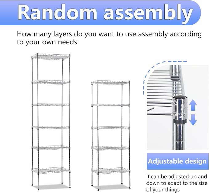 BestOffice | 6-Tier Wire Storage Shelves | 17x12x64 | Chrome | with Adjustable Racks | Heavy-Duty Metal Shelf, Holds Upto 600 lbs | No-Tool Assembly | Ideal for Home & Garage Shelving