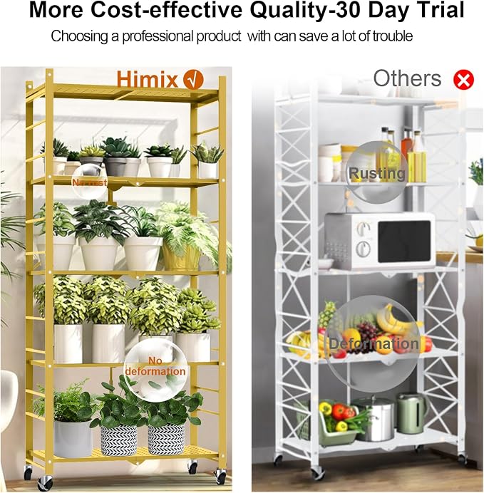 Himix 5-Tier Foldable Storage Shelves with 20 Hooks Wheels Bookshelf Gold | Folding shelving units, Metal collapsible organization, Wire shelf, No assembly, Garage, Home room, Greenhouse, Holds 440 Ibs
