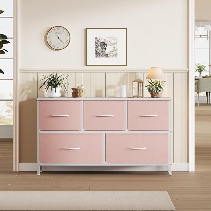 OLIXIS Pink Dresser for Girls Bedroom, Wide Dresser for Closet, 5 Drawers | Closet Organizers and Storage with Bins, Fabric Chest of Drawers for Clothes Storage, Wooden Top, Living Room