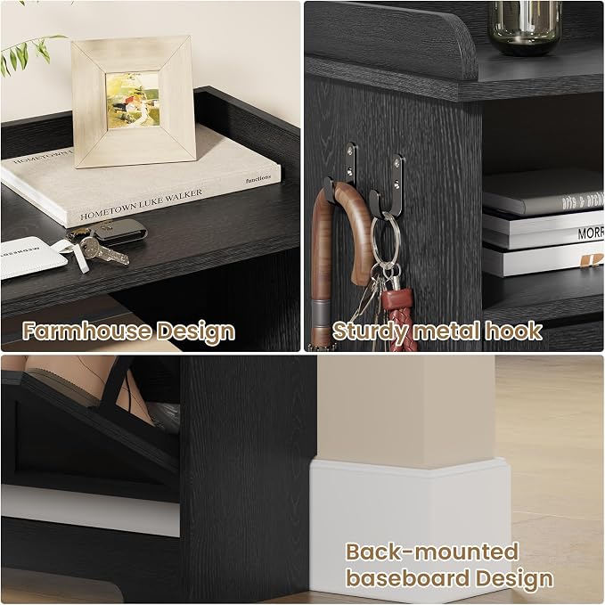 Farmhouse Narrow Shoe Cabinet with 2 Flip Drawers, 23.6" W Black | Freestanding shoe storage cabinet for entryway,foyer and hallway,slim design width and space-saving flip drawers