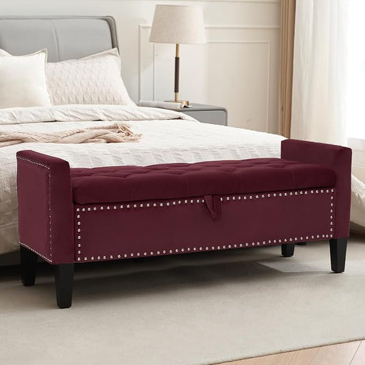 Velvet Ottoman with Storage, 46'' Upholstered Button Tufted End of Bed Bench with Arms, Modern Storage Bench for Living Room, Bedroom, Entryway, Purple
