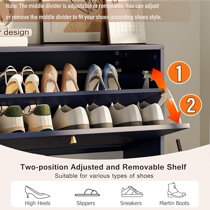 Fsbecl Shoe Storage Cabinet for Entryway with 2 Flip Drawers, Narrow Wood Shoe Cabinet with Fluted Panel, Freestanding Hidden Shoe Organizer for Hallway