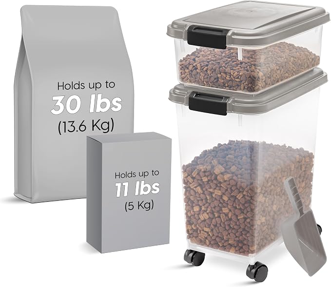 IRIS USA Airtight Dog Food Storage Container Combo, 30 lb & 11 lb Bin | Stackable food storage system includes scoop and wheels to keep kibble, treats, and pet food fresh and organized.