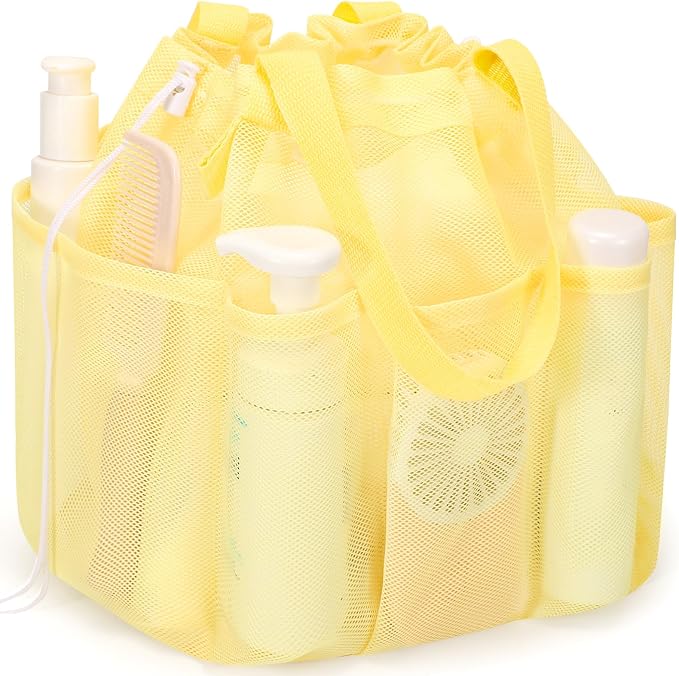 famichan Mesh Shower Caddy Portable with Drawstring, Dorm Room Essentials for College Students Girls & Boys, Large Shower Bag for Camping,Swimming,Gym,Travel,Bathroom - Yellow