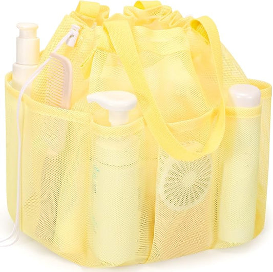 famichan Mesh Shower Caddy Portable with Drawstring, Dorm Room Essentials for College Students Girls & Boys, Large Shower Bag for Camping,Swimming,Gym,Travel,Bathroom - Yellow