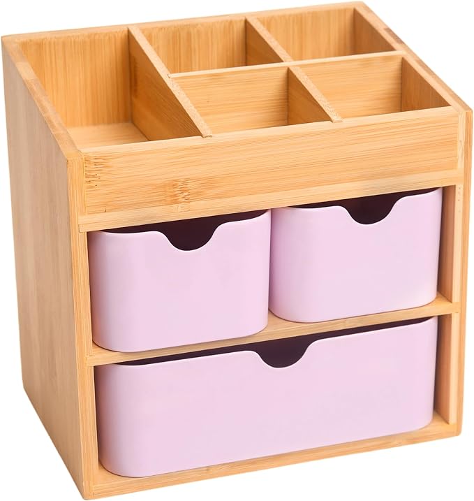 Bamboo Makeup Organizer with 3 Pink Drawers | Dresser Cosmetic Organizer Box Bamboo Desk Organizer for Home, Adjustable Dividers 3 Drawers