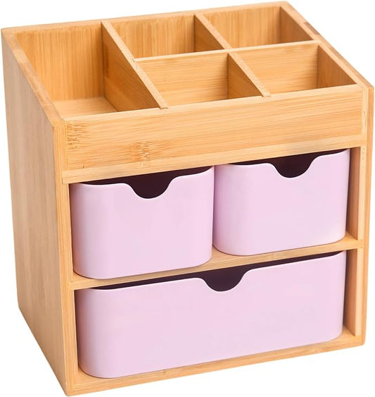 Bamboo Makeup Organizer with 3 Pink Drawers | Dresser Cosmetic Organizer Box Bamboo Desk Organizer for Home, Adjustable Dividers 3 Drawers