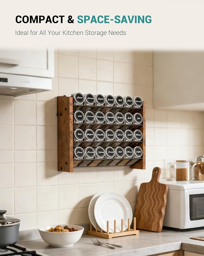 NESAPTO Spice Rack Organizer with 28 Glass Spice Jars, Wood 4-Tier Seasoning Organizer with Labels for Cabinet, Pantry, Countertop or Wall Mount, Chalk Marker and Funnel Set, 14" W × 9.4" H