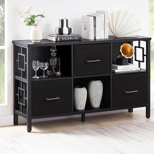 HOMISSUE 6 Cube Storage Organizer Shelf, Rustic Short Bookshelf with 3 Storage Bins, Industrial Horizontal Bookshelf with Metal Frame, Low and Wide Cube Bookcase for Living Room and Office, Black