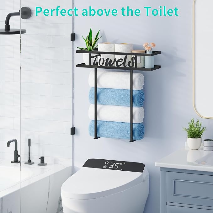 HapiRm Rolled Towel Racks for Bathroom - Towel Storage for Above Toilet | Space-Saver Wall Mounted Towel Holder with Metal Top Basket & 4 Hooks, Fit for Bathtub, Vanity, Small Bathroom, Camper, RV