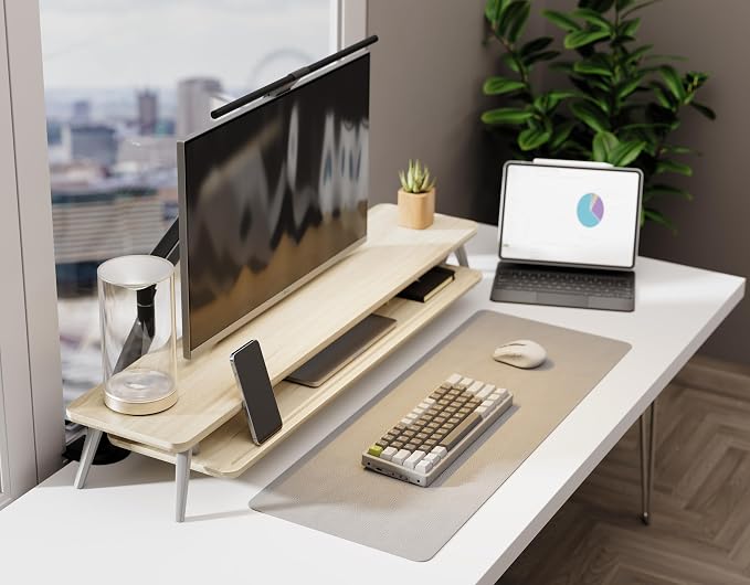 Fenge Dual Monitor Stand Riser, Wooden Desk Shelf with 2-Tier Storage | 42.5-Inch Wide, Sturdy Aluminum Legs, Built-In Phone & Tablet Slot, Desktop Organizer for Office Accessories
