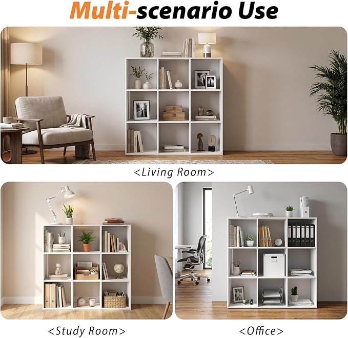 WannabeMyself【Sturdy Build&Easy Assembly】 9 Cube Storage Organizer with Anti-Tipping Kits,Reversible Open Back Book Shelf, Bookcase for Living Room,Bedroom,Entrance Hall,Office,35.8×11.4×35.9,White