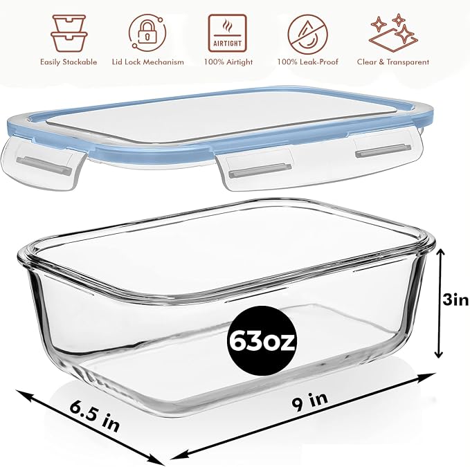 Razab 4 PC 1860ml / 63 Oz / 8 Cups Large Glass Food Storage Containers with Lids - Glass Meal Prep Containers for Roasting & Storing Leftover, Lunch Container with Lids, Microwave & Oven Safe