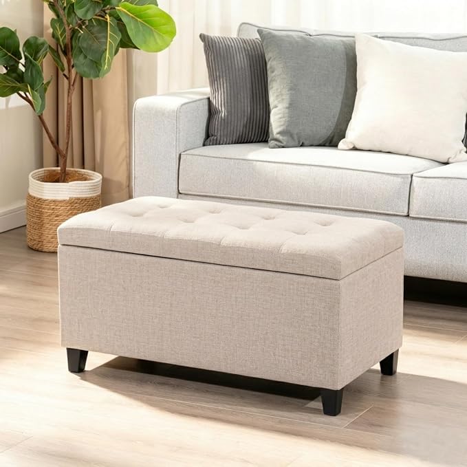 Storage Ottoman Bench, 33" Upholstered Tufted Linen Fabric Footrest Stool with Lift Top, Rectangular Storage Chest for End of Bed, Entryway, Living Room, Beige