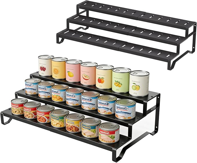 Expandable Can Organizer for Pantry, 3 Tier Metal Canned Food Storage 2Pack | 13"-21" Adjustable Length, Tiered Reversible Shelf Design, Large-Capacity Storage for Kitchen Cabinets & Countertops
