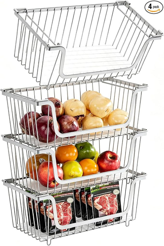 4 Pcs Stackable Wire Baskets for Pantry Organizers and Storage,silver | Vegetable Fruit Basket for Countertop,Kitchen Storage Metal Baskets,Produce Potato Onion Storage Bin,