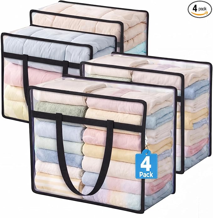 4 Pack Clear Storage Bags for Clothes, 40L Closet Organizers and Storage | Plastic storage with zipper and handle, moving bags, under-bed storage, closet organizer for blankets, comforters, toys