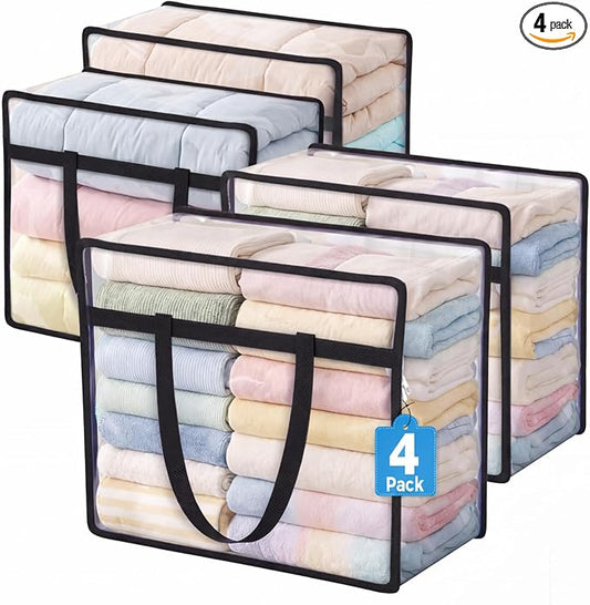 4 Pack Clear Storage Bags for Clothes, 40L Closet Organizers and Storage | Plastic storage with zipper and handle, moving bags, under-bed storage, closet organizer for blankets, comforters, toys