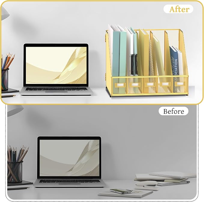 SUPEASY Desk Organizers Metal Desk Magazine File Holder with 5 Vertical Compartments Rack File Organizer for Office Desktop, Classroom, Home Workspace, Gold