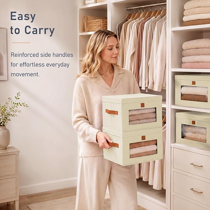 DIMJ Storage Bins with Lids - 6 Pack Front Opening Stackable Fabric Storage Boxes with Clear Window & Handles, Collapsible Closet Organizers for Clothes, Sweaters, Shelf Storage, Bedroom, Beige