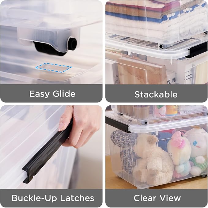 Citylife 82 Quart Large Clear Plastic Storage Bins with Lids 4-Pack | Stackable, Secure latching lids, Easy Find, Clothes Storage Bins for Closet Bedroom Garage