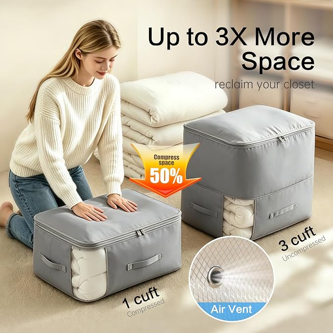 Comforter Storage Bag, Large Capacity Blanket Storage Bags 3-Layer Ultra Space Saving Self Compression Organizer, Heavy Duty Space Saver Organizer for Bedding, Clothes, Blanket, 4-Pack, Gray