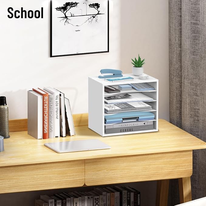 5-Tier Paper Organizer for Desk, Adjustable Mail Organizer, White | 5-Tier Paper Organizer and Mail Organizer for Desk with Adjustable Shelves for Letter Size Files Folders and Office Supplies
