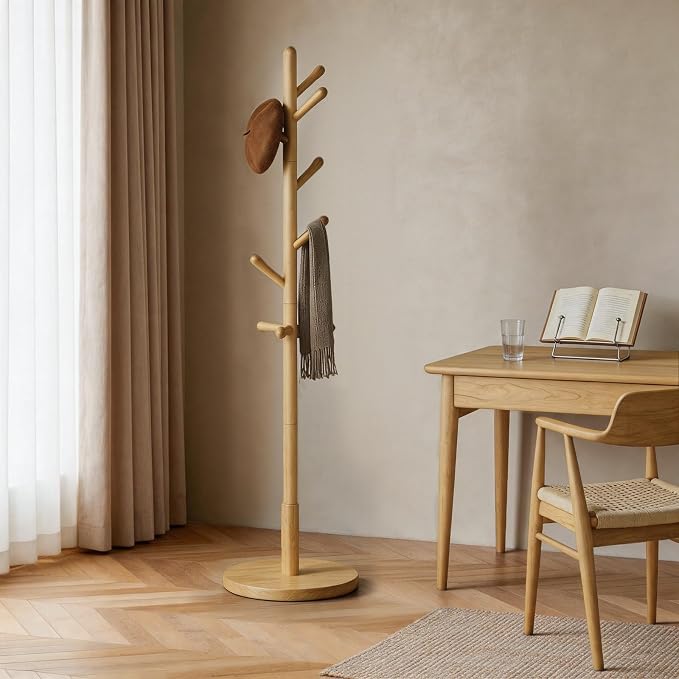 Solid Wood Coat Rack Freestanding with 9 Hooks - Wooden Coat Rack Stand for Entryway, Bedroom, Living Room, Hallway for Coats, Handbags, Hat (Natural)