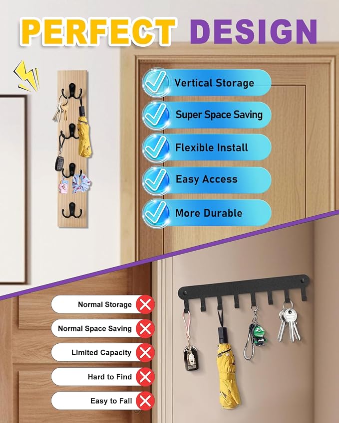 UCEC Vertical Wooden Key Rack with Hooks, Space-Saving Entry Wall Organizer | Natural Wood Key Holder for Wall Organizer, Holds Keys, Wallets & Mail, Space-Saving Rack for Entryway, Living Room & Garage