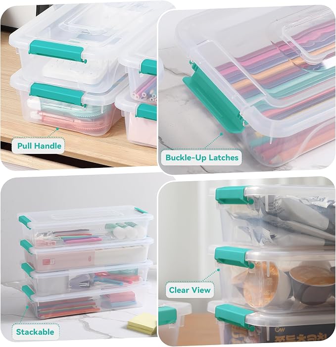novelinks 4 Quart Clear Plastic Storage Containers with Lids (8 Pack) | Storage Bins with Lids, Stackable Small Clear Bins, Craft Storage Box, Paper Storage, Under Bed Storage Bins, Pencil Box