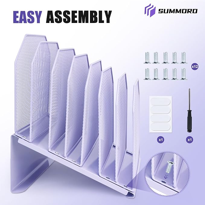 SUMMORO Inclined File Organizer for Desk, 7-Tier Vertical File Folder Holder Office Desk Organizer Metal Rack File Wire Mesh Desktop Document Sorter for Office School Classroom Home (Purple)