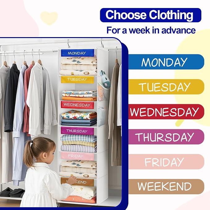 Weekly Clothes Organizer for Kids, 6-Shelf Hanging Closet Organizer with Colorful Labels, Space Saving Design with 2 Pockets, Daily Hanging Closet Shelves for Kids Room Storage, White