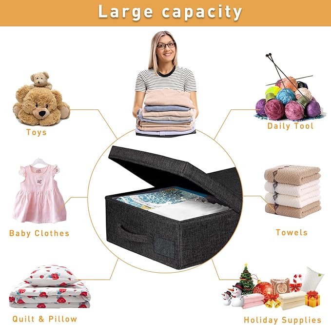 punemi 6 in Tall Stackable Under Bed Storage Containers, 3 Pack, Black | Drawer Organizers Box with Sturdy 3 Handles, Clothes Drawer Organizers, for Under Crib, Couch & Closet Storage
