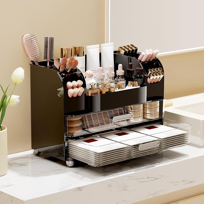 UFORU Makeup Organizer Countertop with 2 Large Drawers for Vanity Bathroom | Brush Holder, Large Capacity, Thickened Plastic, Compact Footprint, Space-Saving Design, Easy Clean, Ideal for Dorm Rooms