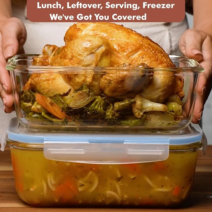 Razab 4 PC 1860ml / 63 Oz / 8 Cups Large Glass Food Storage Containers with Lids - Glass Meal Prep Containers for Roasting & Storing Leftover, Lunch Container with Lids, Microwave & Oven Safe