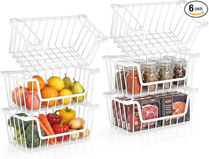 SUNALLY Stackable Storage Bins 6 Pcs Wire Baskets Freezer Organizer, White | Pantry Organizers Storage, Vegetable Fruit Storage Basket for Countertop, Kitchen Baskets for Onion Potato Snack Cans Storage