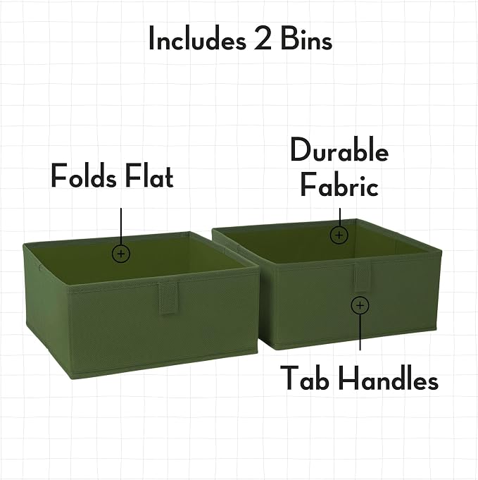 RiverRidge Folding Storage Bins - 2-pack of 5in Tall Olive Cubes | Fabric Bins, Set of 2 Storage Cubes, Pull-tab Handles, Playroom Closet Organizer, Collapsible Cubby with Bottom Board Insert