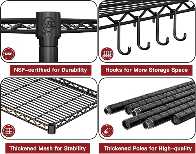 PrimeZone Wire Storage Shelves, 5-Tier Adjustable NSF Metal Shelving, 2 PCS | Alloy Steel Structure, 1250 LBS Capacity, Adjustable Leveling Feet, 4 Hooks, 35.5"W x 14"D x 72"H for Kitchen, Pantry, Closet