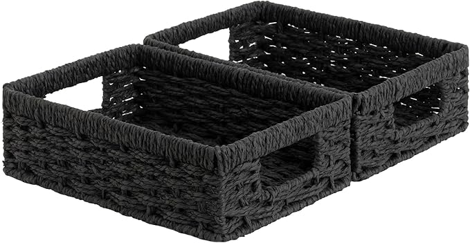 StorageWorks Paper Rope Storage Baskets, Small Wicker Basket for Organizing, Pantry Organizers and Storage, Black, 2-Pack