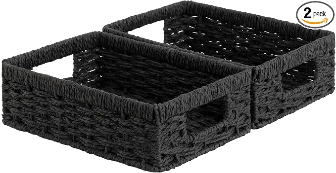 StorageWorks Paper Rope Storage Baskets, Small Wicker Basket for Organizing, Pantry Organizers and Storage, Black, 2-Pack