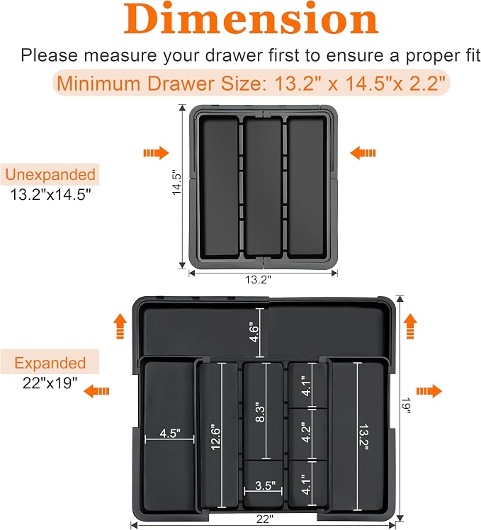 Spaclear Large Utensil Drawer Organizer Expandable Silverware Organizer for Kitchen Drawer Adjustable Cooking Utensil Holder Cutlery Flatware Tray Spatula Tools Gadgets Storage Dividers Plastic Black