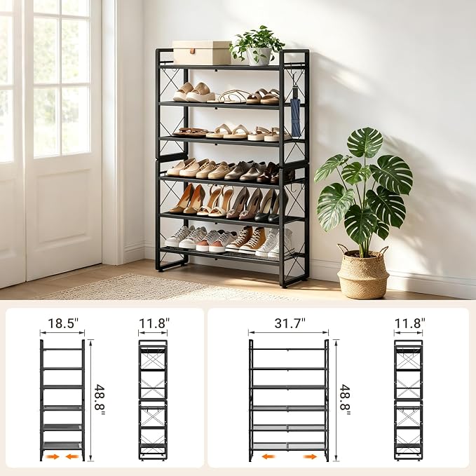 ELYKEN Expandable Shoe Rack for Closet, 6-Tier Metal Black Shoe Organizer | Adjustable Height Shoe Shelf for Boots, Heels, with 8 Hooks, Stackable Shoe Stand Holder for Entryway, Garage, Door Entrance