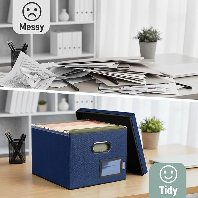 BALEINE File Organizer Box with Lid, Collapsible File Folder Organizer with Plastic Slide, Filing Box for Office Home Document Organizer Storage (Blue, 4PK)