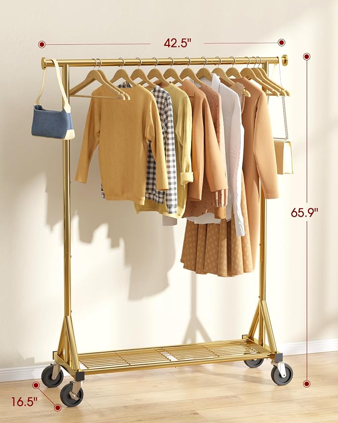 Sakugi Heavy Duty Stainless Steel Rolling Clothes Rack with Mesh Shelf, Lockable Wheels & Anti-Slip Stoppers, Large Capacity Clothing Organizer for Bedroom, Laundry Room, 42.5" x 16.5" x 65.9", Gold