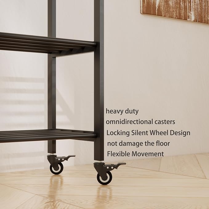 Black Rolling Garment Rack with Shelves and Hooks,Freestanding Metal Clothing Rack with Wheels,Modern Clothes Hanging Rack for Bedroom,Closet,Boutique Display