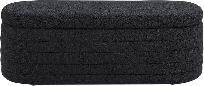 45.5" Black Ottoman with Storage, Sherpa | Upholstered Oval Design, Safety Hinge Lid, end of bed storage bench, Bedroom & Living Room, Entryway
