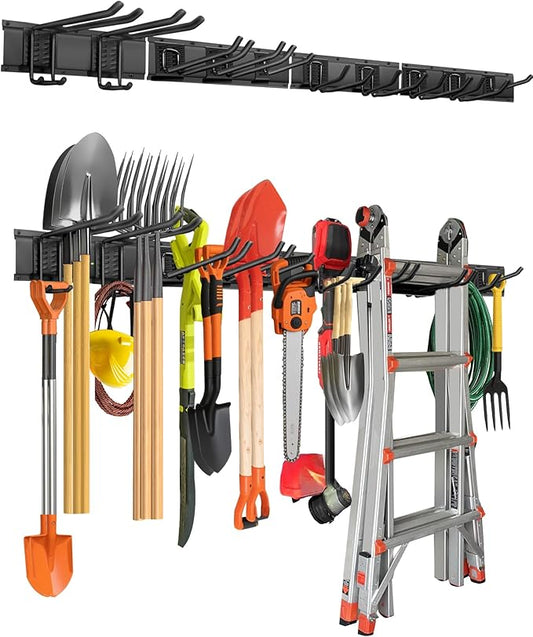 PIYILO 64 in Garage Tool Organizer Wall Mount, Adjustable Tool Storage Rack | Heavy-duty 510 LBS, 10 Hooks in 4 Types, Wear & Tear Resistant, Soft Anti-Scratch Hook Sleeves, For Yard Tools, Shovels, Shed