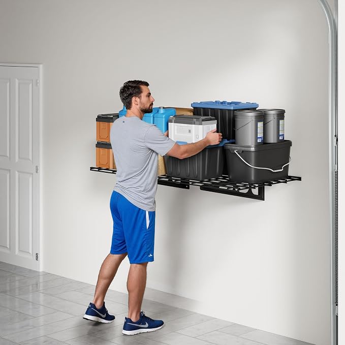 FLEXIMOUNTS 1-Pack 2x3ft Garage Shelving Wall-Mounted Storage Rack, Black | Heavy-Duty Wall Shelving, Holds Up to 200 lbs, Garage Storage Shelving for Organization & Storage Bins, Classic Series