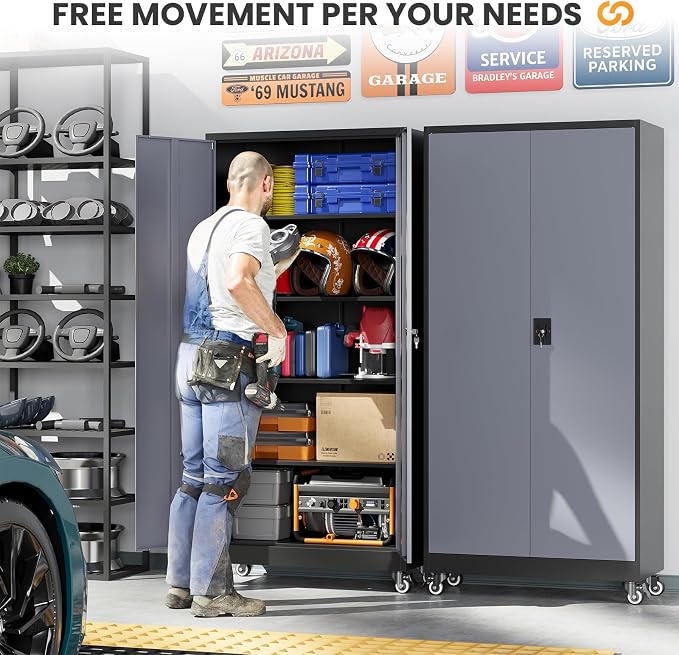Metal Garage Cabinets with Wheels 15.8" D x 31.5" W x 75" H-Black | Heavy Duty, Locable